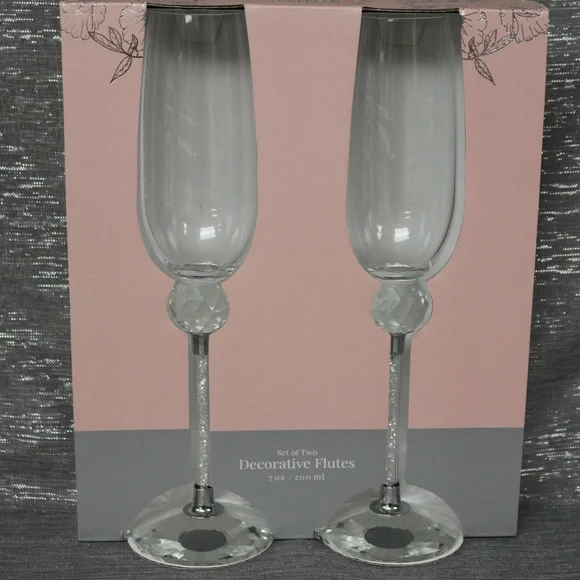DAVID TUTERA SILVER RHINESTONE SPARKLE CRYSTAL WEDDING DECORATIVE FLUTES - S/2 - Picture 7 of 7